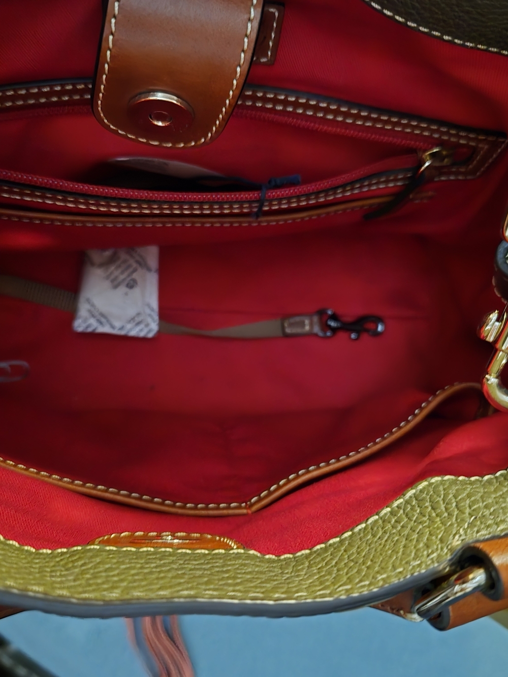Like New Dooney & Bourke Olive Green Pebbled Leather Satchel with Brown Handles - Picture 14 of 16